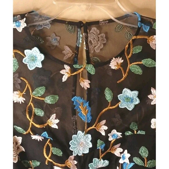 Dress The Population Sz S Mila Embroidered Mini Floral Teal Black Cocktail $358